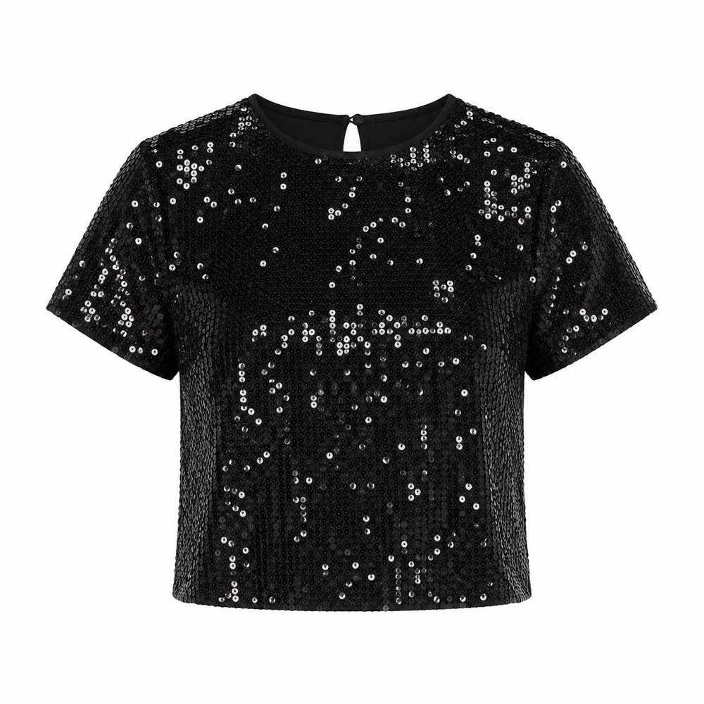 Judy Hornby Black Sequin Short Sleeve Top Keyhole Back Vintage Style Size L NWT